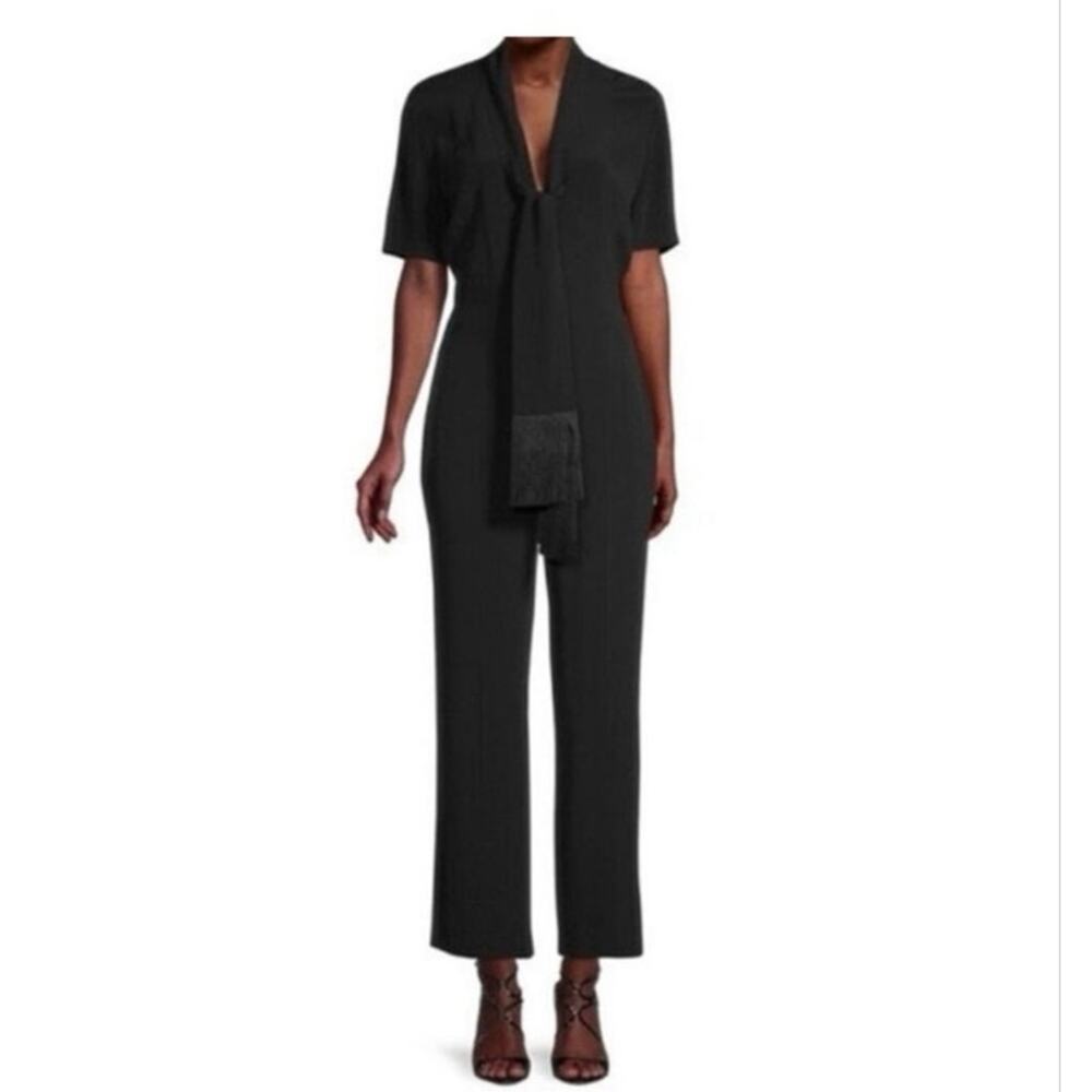 Sandro Paris Black Jumpsuit Sz 40/US 8 Short Sleeve Boot Cut Leg Fringe Pockets